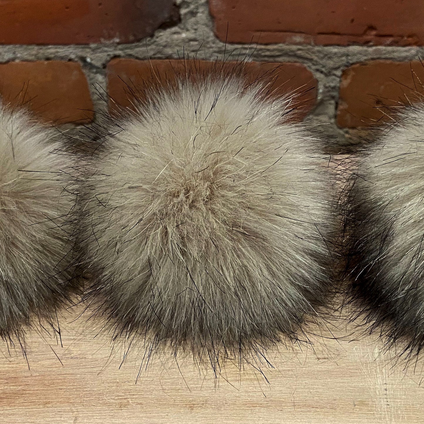 Front View of Faux Fox Hat Pom in Beige