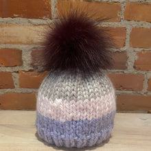 Load image into Gallery viewer, Small Maroon Purple Upcycled Vintage Handmade Pom Pom Attached to a Grey, Pink and Purple Child&#39;s Knit Hat
