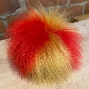 Red and Yellow Multi-Color Faux Fur Hat Pom Pom