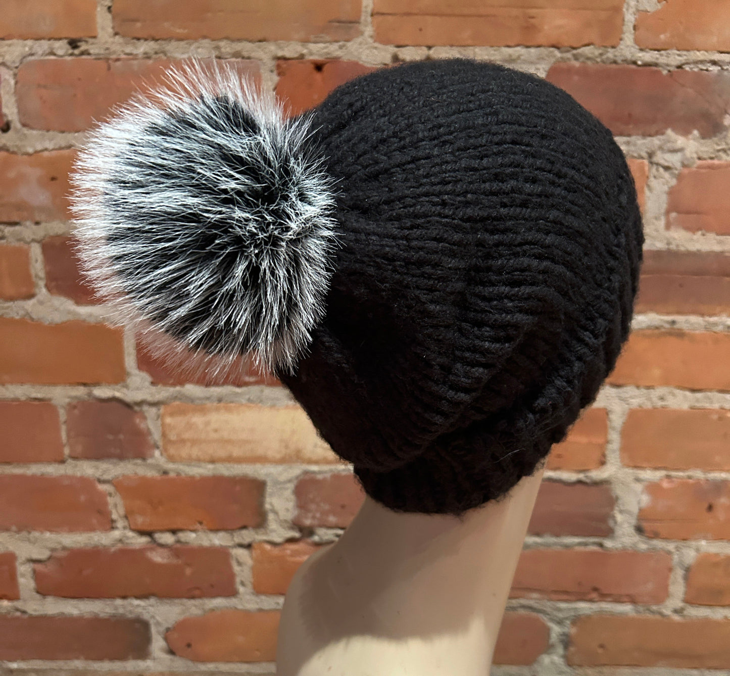 Frosted Black White Faux Fur Pom, 4 Inch