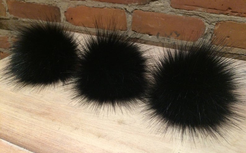 Jet Black Fox Faux Fur Pom, 3.5 Inch