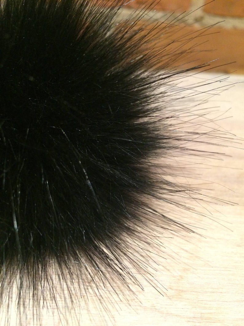 Jet Black Fox Faux Fur Pom, 3.5 Inch