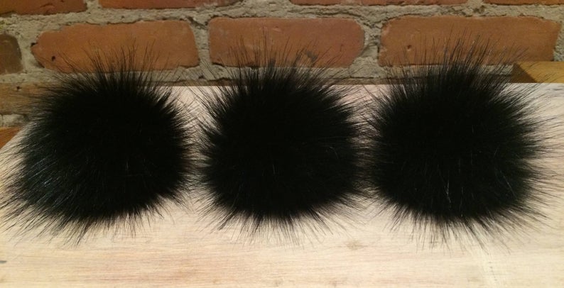 Jet Black Fox Faux Fur Pom, 3.5 Inch