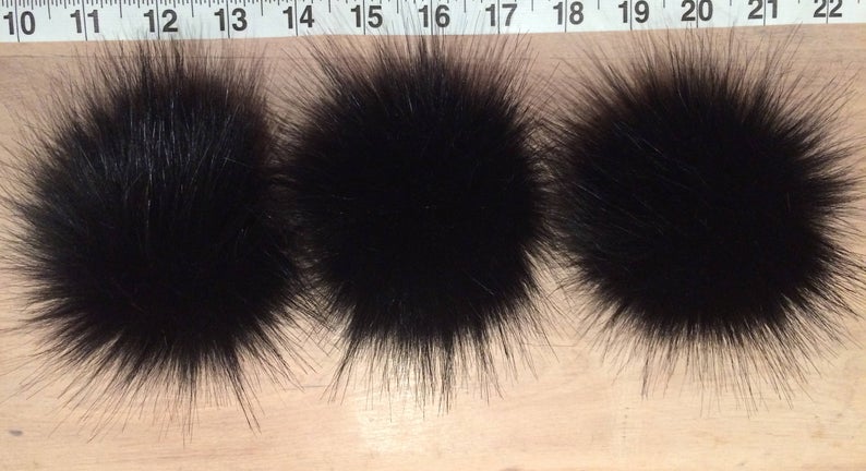 Jet Black Fox Faux Fur Pom, 3.5 Inch