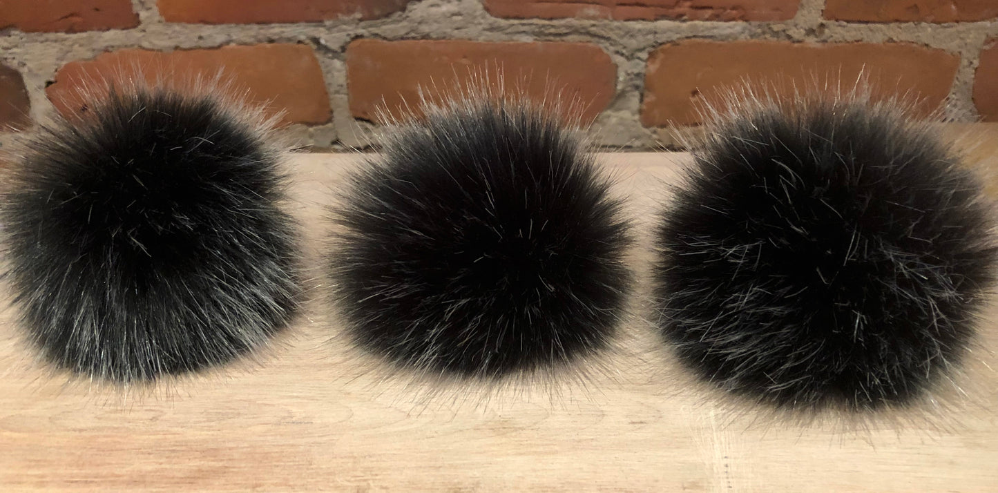 Silver Black Faux Fur Pom, 4 Inch