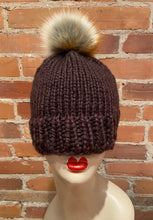 Load image into Gallery viewer, Red Fox Faux Fur Hat Bobble on Brown Knit Hat
