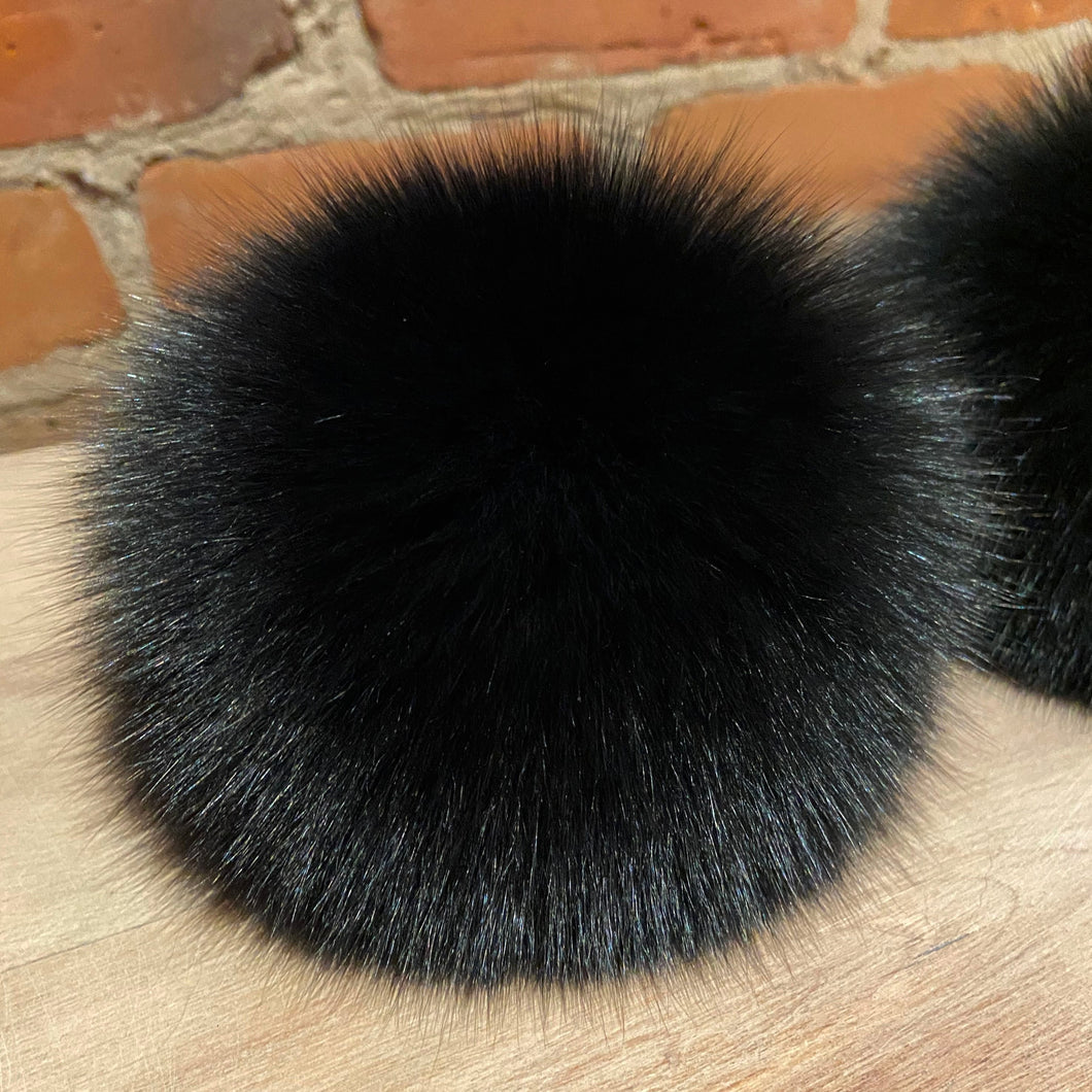Jet Black Fox Fur Hat Pom Handmade from Upcycled Vintage Fur