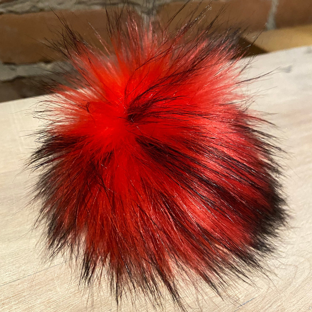Small Red and Black Faux Fur Handmade Pom Pom for Child's Winter Knit Hat