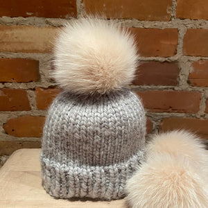 Pinkish Beige Natural Fox Fur Hat Pom
