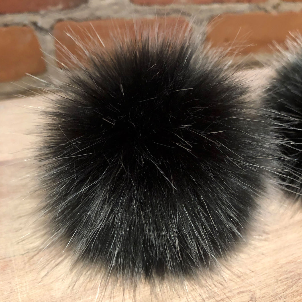 Black Faux Fur Pom Pom with Silver Fleck Accents for Your Knitting Projects