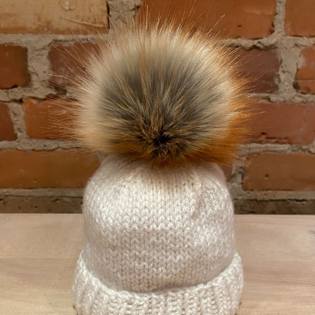 Designer Red Fox Fur Handmade Faux Fur Pom Pom on White Baby Knit Hat
