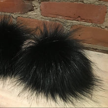Load image into Gallery viewer, Fluffy Black Pom Pom, Wispy Black Faux Fox Fur, 5-Inch Fur Ball for Your Knit Hat, Beanie Adornment, Winter Accessory, Detachable Vegan Pom, ellevintage.com
