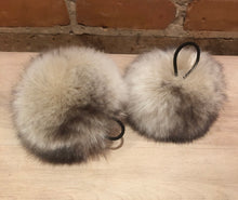 Load image into Gallery viewer, Faux Fur Beige and Black Chinchilla Faux Fur Pom Pom Showing Elastic Loop Attachments
