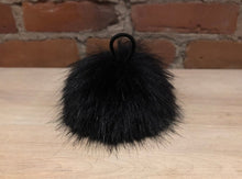 Load image into Gallery viewer, Raven Black Pom Pom, Faux Fur Blue Black Hat Pom, Small 3.5 Inch Fur Ball, Detachable Loop, Fake Fur Puff, Hat Topper, Winter Hat Accessory
